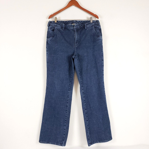 Duluth Trading Jeans Women SIZE 14 BootCut Blue Dark Wash Tough Work Wear 35x30 - Picture 1 of 10